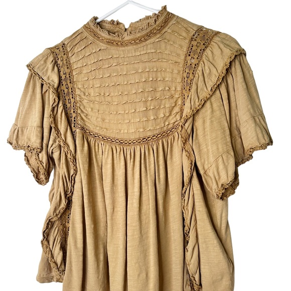 Free People Le Femme Peasant Ruffle Top Small Tan - Picture 3 of 6